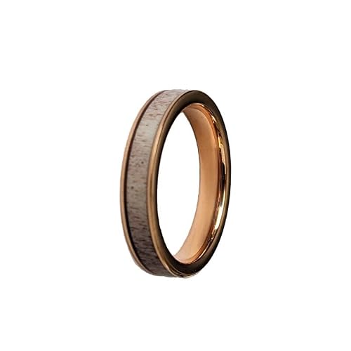 18K Rose Gold Ring Deer Antler Wedding Bands for Men and Women 4mm Tungsten Rings with Antler Inlay Stag Couples Set Thin Rustic Anniversary Gifts for Him