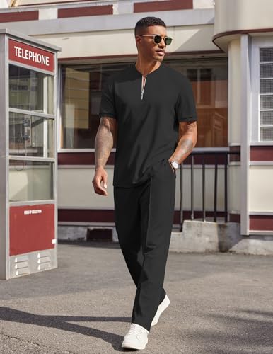 COOFANDY Men's 2 Pieces Outfits Casual Quarter Zip Polo Shirt and Jogging Pants Summer Tracksuits Set