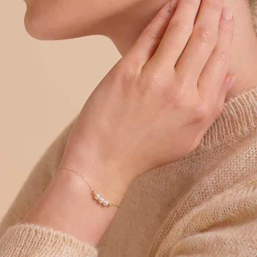 Gelin 10K Solid Gold Freshwater Pearl Bracelet for Women - Dainty Triple Pearl Station Bracelet