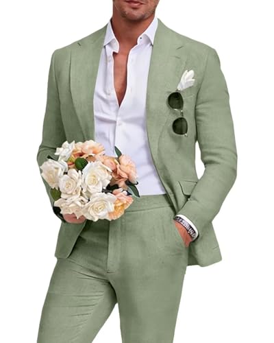 Aowdoy Men's Linen Suits Slim Fit Casual Lightweight Blazer Jacket and Pants Set for 2 Piece Summer Beach Wedding Suit Light Green S