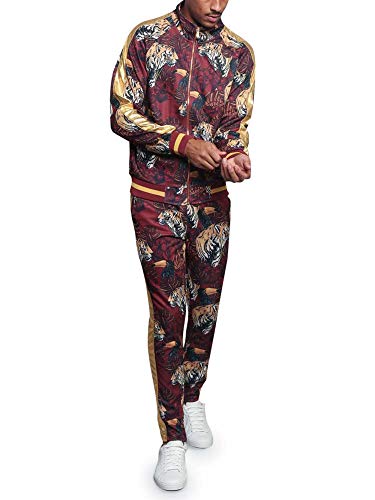 G-Style USA Men's Set Royal Floral Tiger Accent Track Suit ST559 - Burgundy - 2X-Large