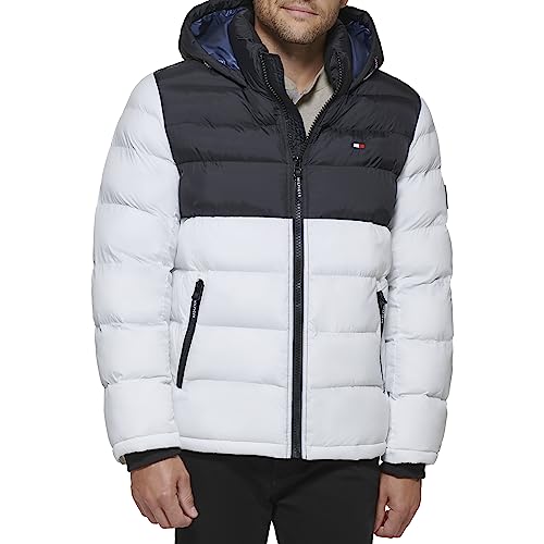Tommy Hilfiger Men's Hooded Puffer Jacket, Black/White 2 Tone, X-Large