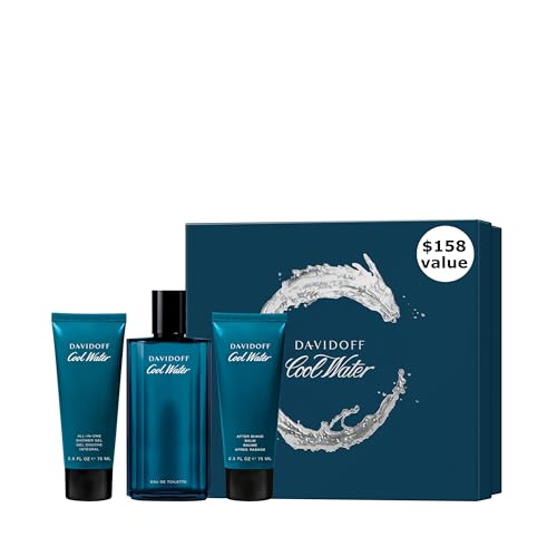 Davidoff Cool Water Eau de Toilette for Men 3-Piece Set ($158 value) – 4.2 oz EDT, 2.5 oz Shower Gel, 2.5oz After Shave Balm– With Notes of Coriander, Mint, Lavender & Amber – Long-Lasting Fragrance