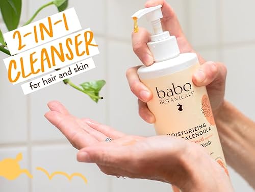 Babo Botanicals Moisturizing Oat & Calendula 2-in-1 Shampoo & Wash - For Dry or Sensitive Skin - For all ages - Lightly Scented - Vegan - 16 Fl Oz