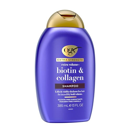 OGX Thick & Full + Biotin Collagen Extra Strength Volumizing Shampoo with Vitamin B7 Hydrolyzed Wheat Protein for Fine Hair. Sulfate-Free Surfactants Thicker, Fuller Hair, 13 Fl Oz