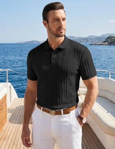 JMIERR Polo Shirts for Men Classic Fit Casual Ribbed Button Down Shirt Quiet Luxury Clothes Casual Collared Shirt, US43(L), Black