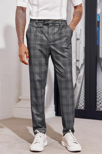 Coutgo Men's Classic Plaid Dress Pants Casual Business Stretch Straight Leg Slim Fit Button Trousers Dark Grey