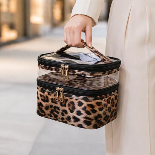 imerelez Double-layer Cosmetic Bag Makeup Bag Travel Makeup Bag Makeup Bags for Women Cosmetics Cases Portable Waterproof Foldable (Leopard)