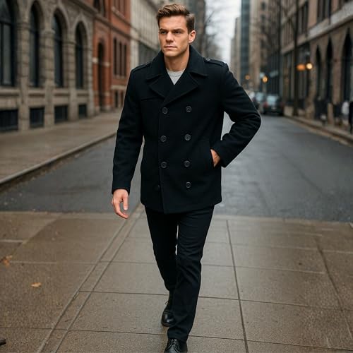 Alpine Swiss Jake Mens Wool Pea Coat Double Breasted Jacket Black XL
