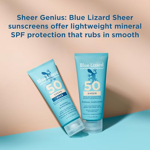 Blue Lizard Sheer Face Mineral SPF 50 Sunscreen Lotion, 100% Mineral Formula, Blue Light Protection, Lightweight, Rubs In Smooth, Nourishes and Hydrates, Paraben-Free, Fragrance-Free, 1.7 fl oz