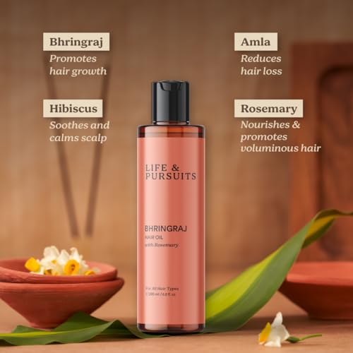 Life & Pursuits Bhringraj Hair Oil, 6.8 Fl Oz – Ayurvedic Hair Growth Oil for Men & Women, Natural Scalp Oil for Hair Fall, Dry Itchy Scalp, Frizzy Curly Hair, Weak Roots, Rosemary, Amla & Tea Tree