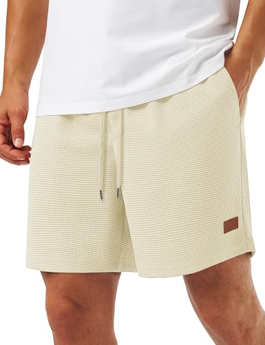 TACVASEN Men's Casual Shorts 5 inch Elastic Waist Drawstring Summer Beach Shorts Lightweight Lounge Comfy Short Beige
