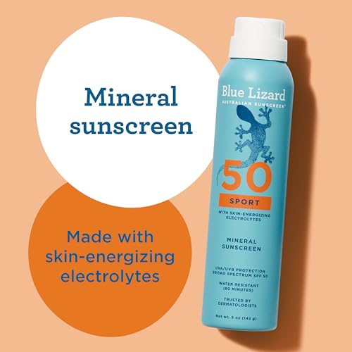 BLUE LIZARD Sport Mineral Sunscreen Spray SPF 50+, Dermatologist-Recommended Brand, Broad-Spectrum UVA/UVB Protection, Water-Resistant, Zinc Oxide Formula, Vegan, 5 fl oz
