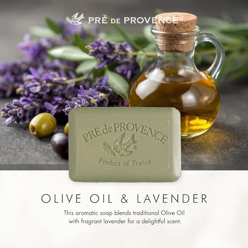 Pre de Provence Artisanal Soap Bar, Natural French Skincare, Enriched with Organic Shea Butter, Quad Milled for Rich, Smooth & Moisturizing Lather, Olive Oil & Lavender, 12.3 Ounce
