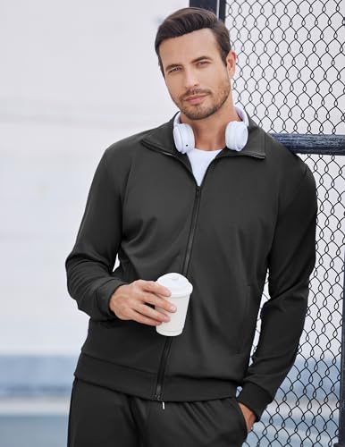 COOFANDY Men's Sweatsuit 2 Piece Casual Athletic Tracksuit Jogging Warm Up Full Zip Sets Black Track Suit Large