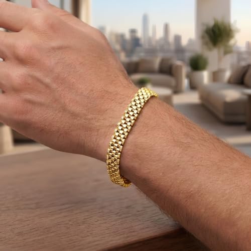 Floreo 14k Yellow Gold 9.5mm Brick Watch Band Panther Link Bracelet, 7.25 Inch