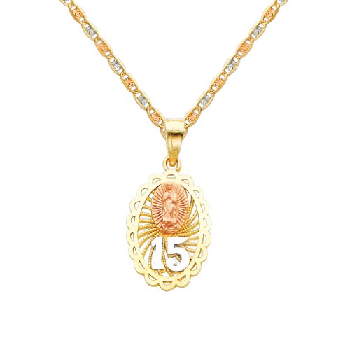The World Jewelry Center 14k Real Tri Color Gold 15 A?os Pendant with 1.5mm Diamond Cut Chain Necklace - 18"