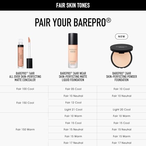 bareMinerals Barepro 24HR Skin-Perfecting Powder Foundation, Matte Pressed Powder Foundation Full Coverage with Plant-Based Squalene, Oil Control, Vegan - Fair 15 Neutral