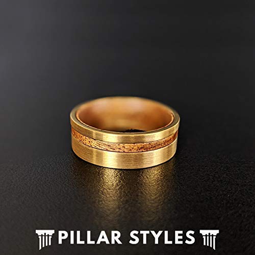 Koa Wood Ring 14K Gold Tungsten Rings for Men Wedding Band Wooden Offset Inlay Comfort Fit Golden Brushed Unique Viking Rings