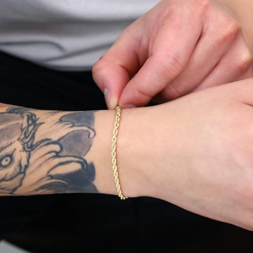 Nuragold 10k Real Yellow Gold Rope Chain 3mm Diamond Cut Bracelet or Anklet - 7"