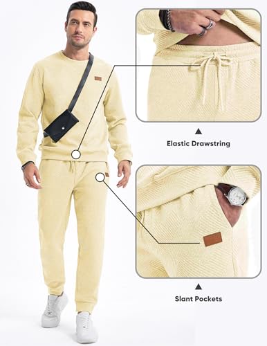 JMIERR Knit Jacquard Track Suits for Men Set 2 Piece Comfiest Airport Outfits Long Sleeve Sweatshirts & Running Joggers Sweatpants, Fall Tracksuit Sweatsuits Matching Lounge Sets, M, Apricot