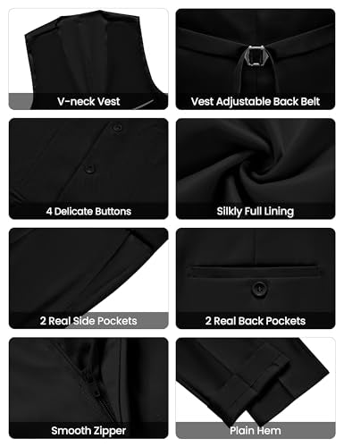 WULFUL Men’s Slim Fit Suit One Button 3-Piece Blazer Dress Business Wedding Party Jacket Vest & Pant Black