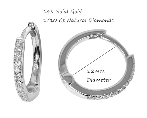 KOKAV 14K Gold Nautral Diamonds 1/10 Ct Small Hoop Huggies Earrings. 12mm Diameter (White Gold)