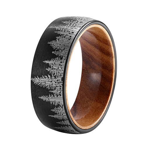 POYA TUNGSTEN Forest Rings for Men 8 mm Black Plated Wedding Band with Wood Liner Comfort Fit (7)