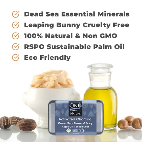 One With Nature Activated Charcoal Soap 4oz 6-Pack Gift Box – Detoxifying and Exfoliating Charcoal Soap Bar with Dead Sea Salt for Face & Body, for Men & Women