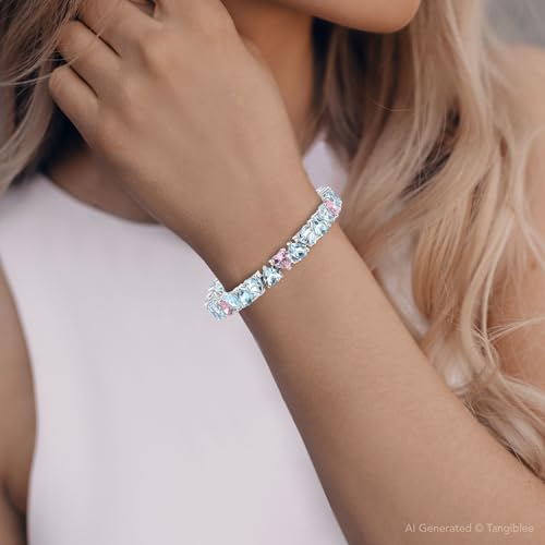 P3 POMPEII3 Pompeii 34.43Ct Heart Shape Pink & Blue Topaz Tennis Bracelet 14k White Gold 23.51grams