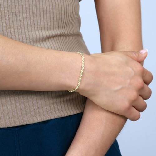 Nuragold 10k Real Yellow Gold Rope Chain 3mm Diamond Cut Bracelet or Anklet - 7"