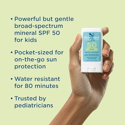 Blue Lizard Kids Mineral SPF 50 Sunscreen Stick, Zinc Oxide, 100% Mineral Actives, Developed for Kids’ Sensitive Skin, TSA-Friendly, Vegan, Paraben-free, Fragrance-Free, 0.5 oz