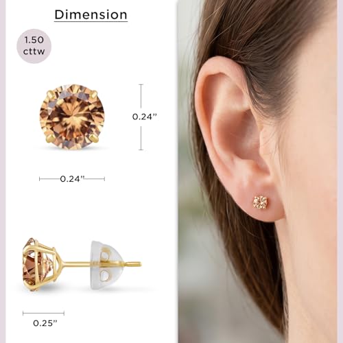 Jewelili 10K Yellow Gold Champagne Cubic Zirconia Stud Earrings for Women