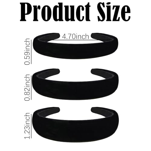 AUDTOPE Black Velvet Padded Headbands for Women, Soft Simple Headband for Girls and Teens, Plain No Teeth Thick Hoops Hair Accessories