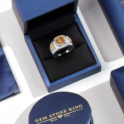 Gem Stone King 2.26 Ct Brown Tiger Eye and Lab Grown Diamond Men's Ring | 925 Silver and 10K Yellow Gold | Cushion Cut 8MM | Gemstone Birthstone | Available in Size 7, 8, 9, 10, 11, 12, 13 | Size 12