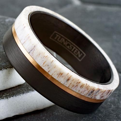 King's Cross Exquisite 8mm Brushed Finish Black Tungsten Carbide Flat Band Ring with Rose Gold Stripe and Raw Speckled White Deer Antler Inlay. (Tungsten (8mm), 11) White/Wood/Horn/Antler/Brown/Tan