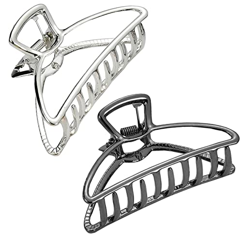HH&LL Hair Clips, Metal Hair Claw Barrette Clamp Jaw for Women (2, Black+ Silver)