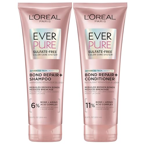 L'Oreal Paris Sulfate Free Bond Repair+ Shampoo and Conditioner Set with Bond + Amino Acid Complex, Strengthens and Repairs Damaged or Color Treated Hair, EverPure, 13.6 Fl Oz Set (Packaging May Vary)