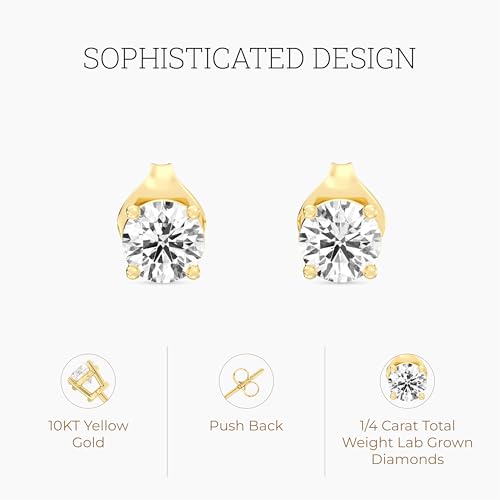 Gilded 1/4 Carat Total Weight Lab-Grown Diamond 10KT Yellow Gold Stud Earrings for Women| Hypoallergenic Fine Gold Jewelry | 4-Prong Basket, Push Back Nut | SI1 Clarity, F Color, Round Cut