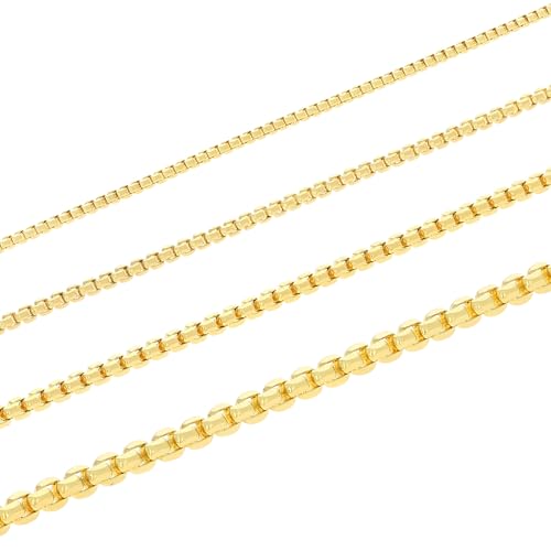 Nuragold 10K Real Yellow Gold Round Box Venetian Link Chain Necklace - 1.5mm,22"