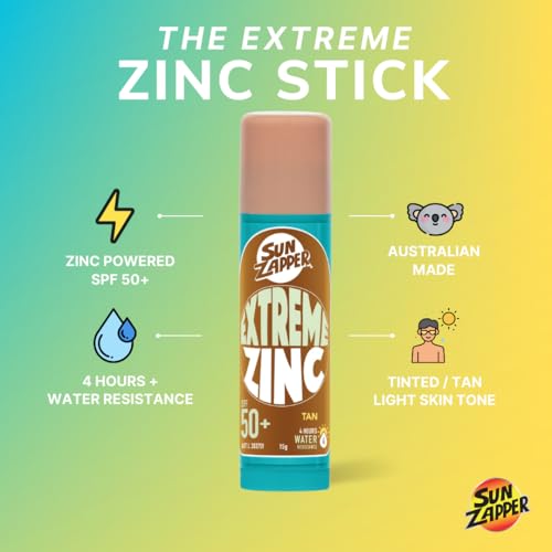 Sun Zapper Extreme Zinc Sunscreen Stick SPF 50+ Tan – Water Resistant Mineral Sunscreen for Face, Zinc Oxide Surf Sunscreen Stick for Surfing and Water Sports, 15g (0.53 oz), Australian Made
