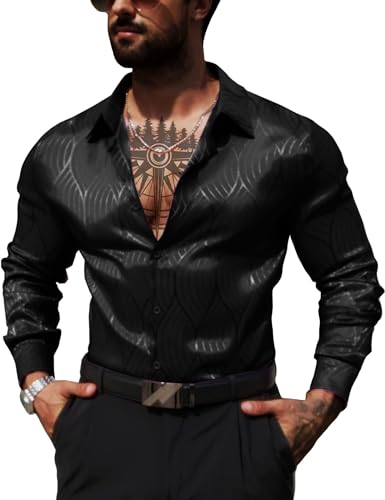 ZSJR Men Metallic Satin Dress Shirt Luxury Jacquard Long Sleeve Casual Button Down Shirts Silk Shirts Black Large