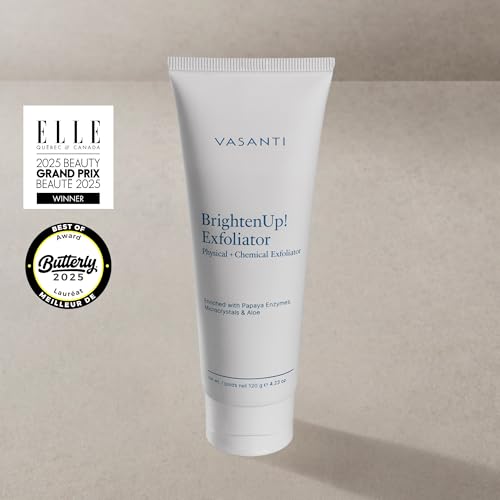 VASANTI BrightenUp! Exfoliator (120g) | Physical + Chemical Facial Exfoliator Scrub with Instant Results for Soft, Smooth and Radiant Skin | Enriched with Papaya, Microcrystals and Aloe | 99% Natural