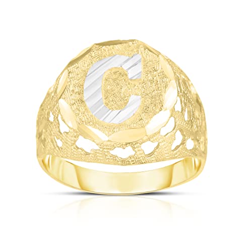 Floreo Men's 10k Yellow Gold Round Two-Tone Gold Block Alphabet Initial Ring Letter C, Size 10