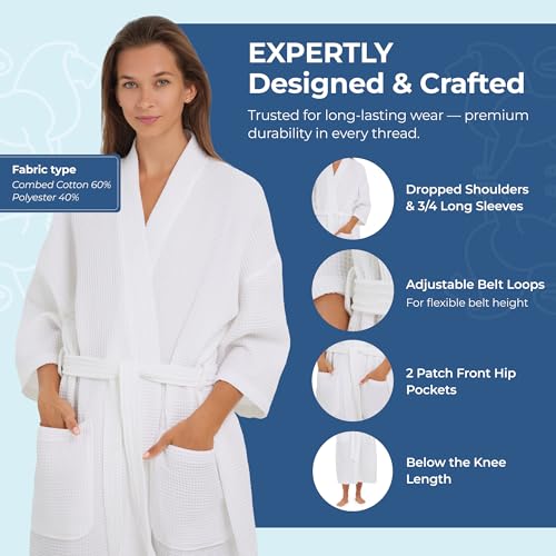 MONARCH Square Waffle Spa Kimono Robe for Men or Women (Large, White)
