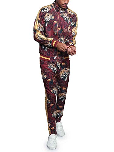 G-Style USA Men's Set Royal Floral Tiger Accent Track Suit ST559 - Burgundy - 2X-Large