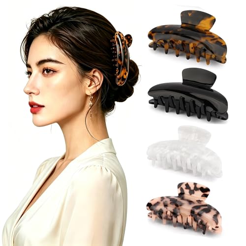 4 PCS Premium Durable Hair Claw Clips, Medium Acetate Tortoise Shell Leopard Celluloid Non-Slip Strong Grip Jaw Clips, Fashion Strong Grip Banana Hair Clips for Women Thin Thick Hair(3.74 x 2 in)