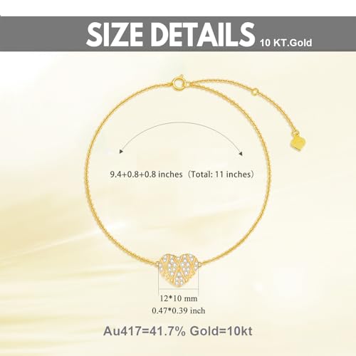 SISGEM 10k Gold Heart Anklets for Women, Real 10kt Gold Created Moissanite love Ankle Bracelet for Her, 9.4-11.0 Inches