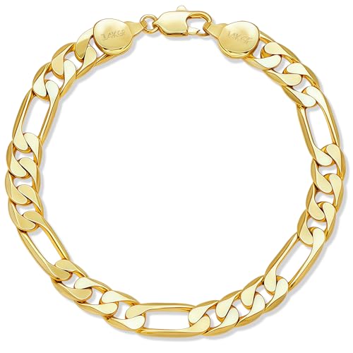 Porment 7mm Diamond-Cut Figaro Bracelet 14K Gold Link Bracelets Simple Trendy Non-tarnish Waterproof Gold Bracelets for Women and Men Fashion Accessories Jewelry Gift Unisex Lifetime Quality