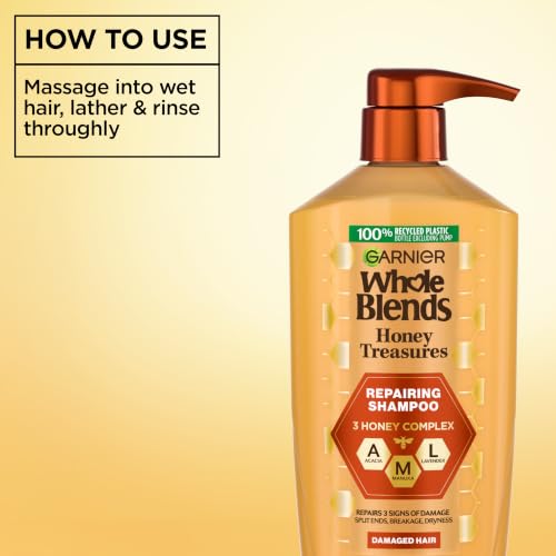 Garnier Whole Blends Honey Treasures Repairing Shampoo, Hair Repair Formula for Dry, Damaged Hair with Acacia, Manuka, and Lavender Honeys, 28 Fl Oz (Packaging May Vary)